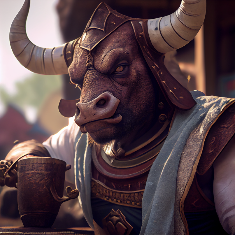 A surly minotaur contemplates the bar